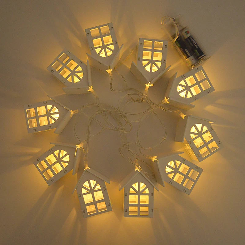 2M 10LED Christmas Wooden House LED Fairy Light String 2025 New Year Home Hanging Garland Xmas Tree Ornaments Decoration Lamp