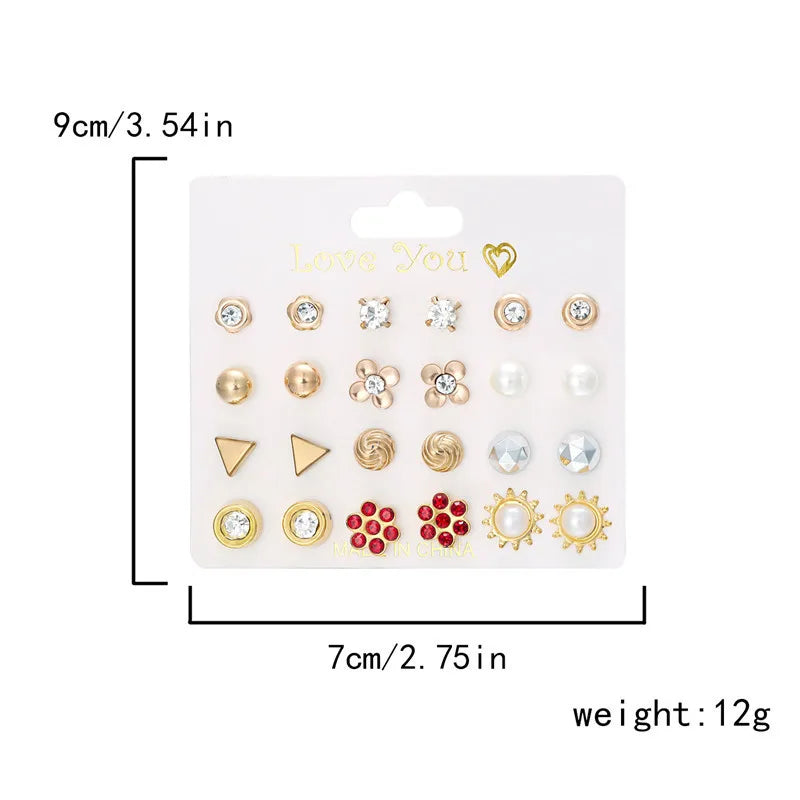 12 Pairs/Set Imitation Pearl Sun Star Flower Bow Heart Zircon Combination Paper Card Stud Earrings Set Fashion Geometric Earring