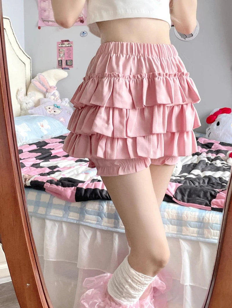 MEXZT Y2K Sweet Ruffles Mini Skirt Women Kawaii Lolita Bow A Line Skirts Harajuku Japanese High Waist Pink White Ball Gown Skirt