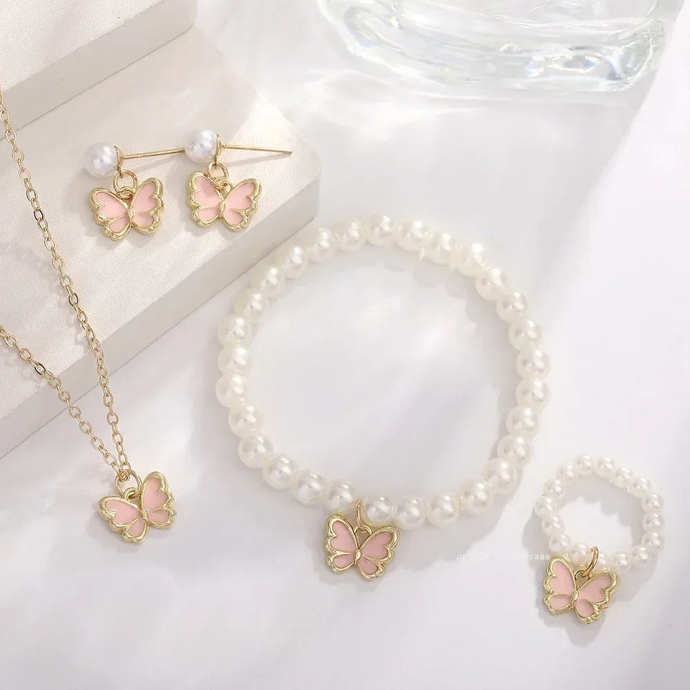 4pcs/Set Fashion Sweet Jewelry Set Butterfly Pendant Imitation Pearl Necklace Bracelet Earring Set for Girl Jewelry Accessories