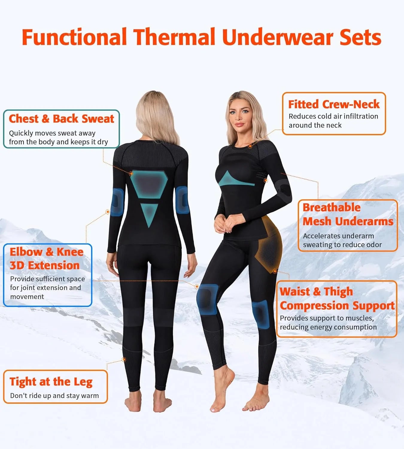 Anfilia Women Ski Thermal Underwear Sets Moisture-wicking & Quick Drying Tight Crew Neck Seamless knitted Base Layer Long Johns