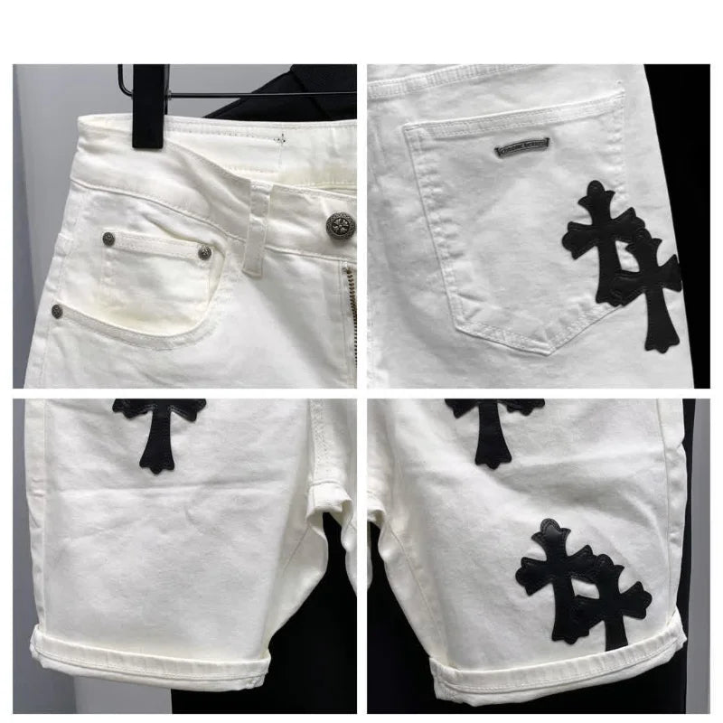 Summer Cotton Elastic Shorts Men's American Style Street Fashion Brand Embroidered White Denim Shorts For Men And Women