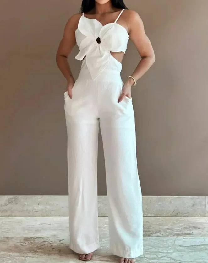 Women Spring Summer Onepiece Trousers Jumpsuits Solid Color Sleeveless Hollow Out Wide Leg Pants Casual Fashion Regular Backless