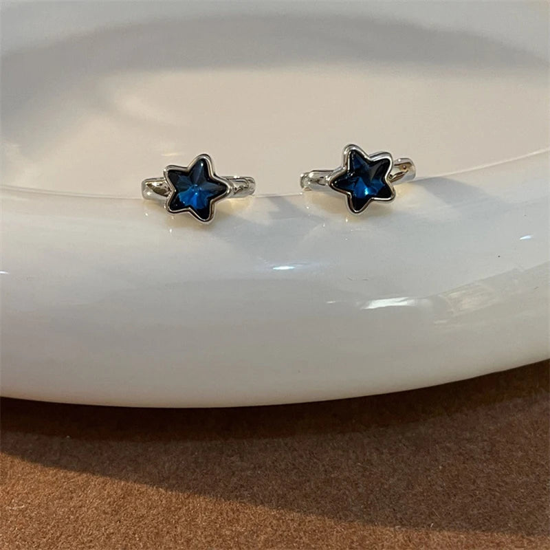 Sweet Cool Harajuku Blue Rhinestone Star Pentagram Hoop Earrings Exquisite Hot Girls Star Ear Rings for Women Korean Jewelry