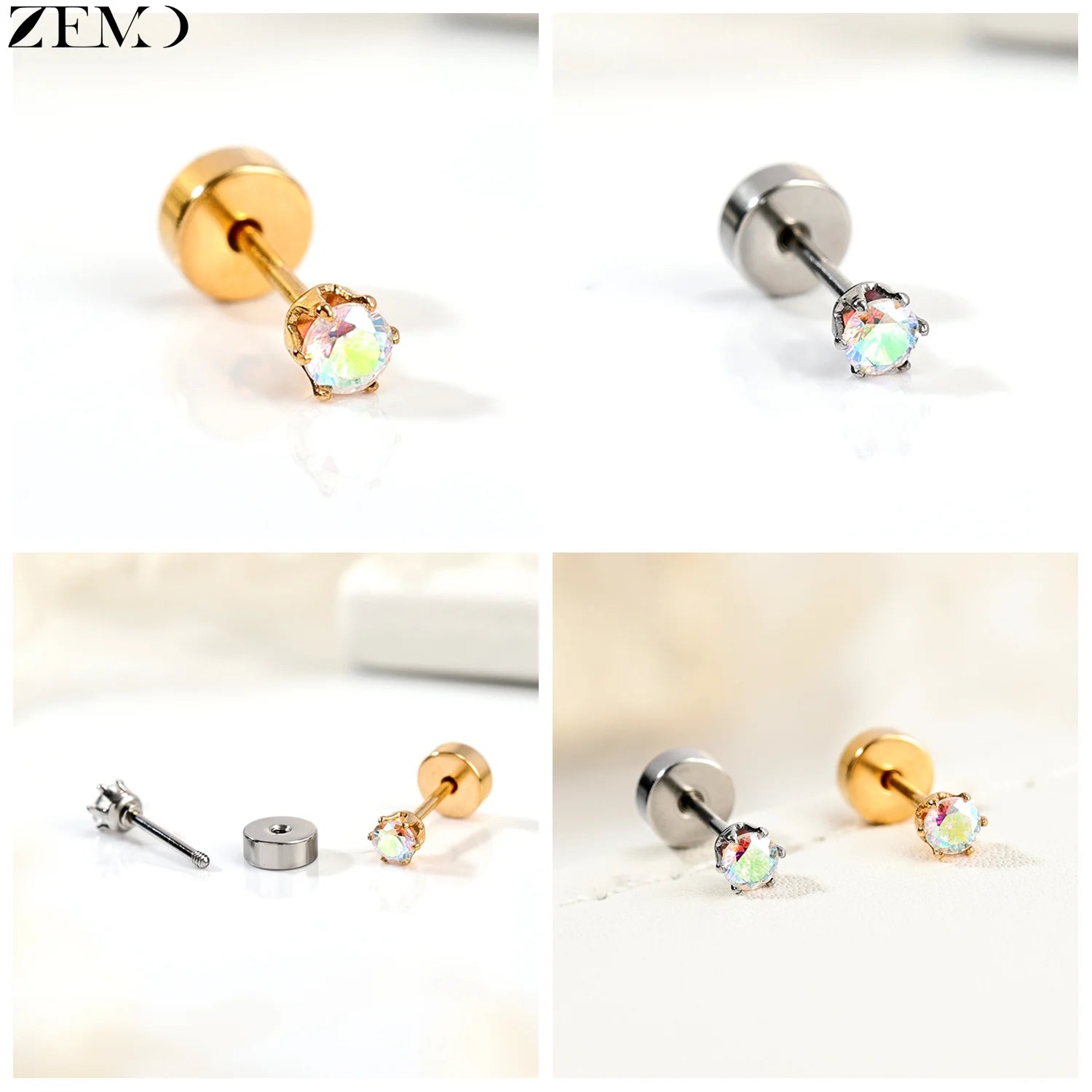 ZEMO 1 Piece 20G Stainless Steel Stud Earrings Women Girls CZ Crystal Ear Studs Flat Back Flower Heart Helix Cartilage Piercings