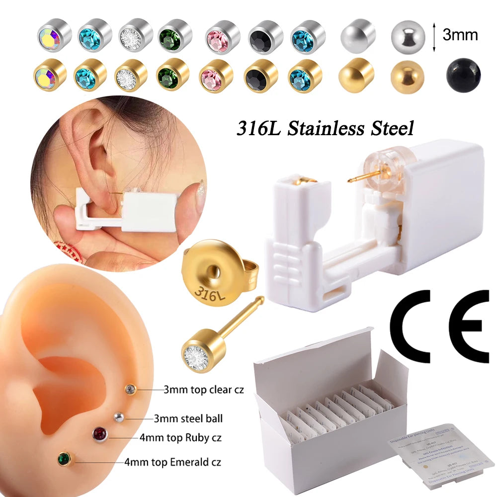 24pcs/Box Disposable Ear Piercing Gun Unit Safe Sterile Piercer Tool Machine Kit 3mm Mini Earring Adult Kids Jewelry Wholesale