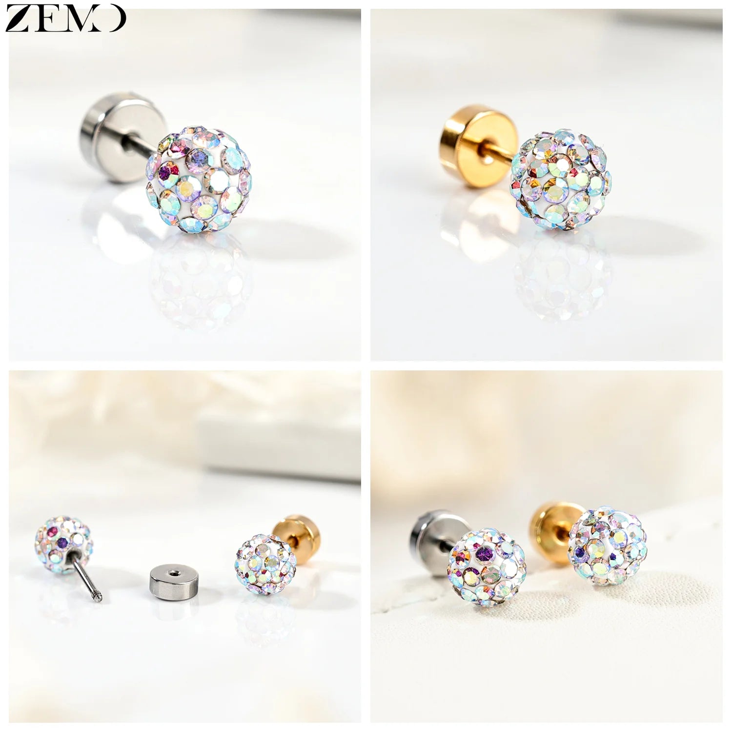 ZEMO 1 Piece 20G Stainless Steel Stud Earrings Women Girls CZ Crystal Ear Studs Flat Back Flower Heart Helix Cartilage Piercings