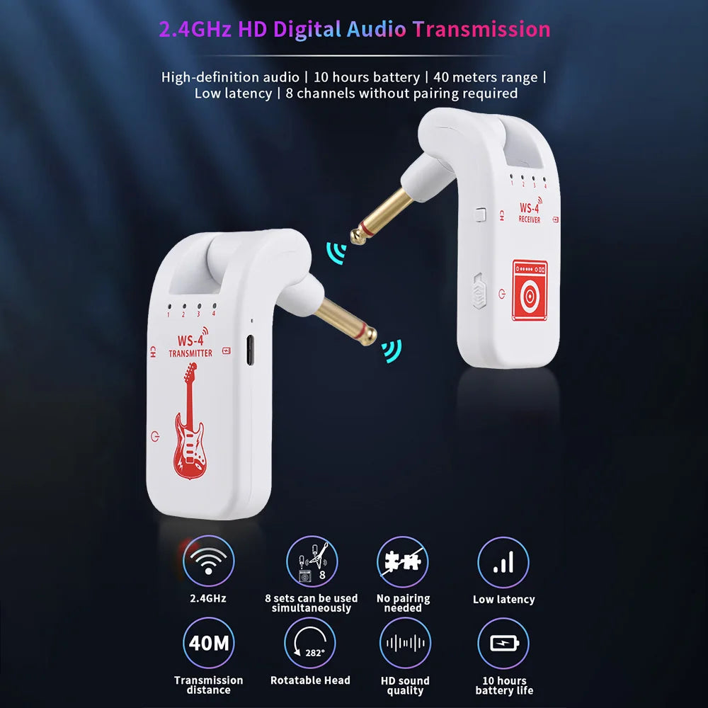 2.4G Wireless Guitar System Guitar Transmitter Receiver Set for Electric Guitar Bass 48K/16bit Real-time Transmission