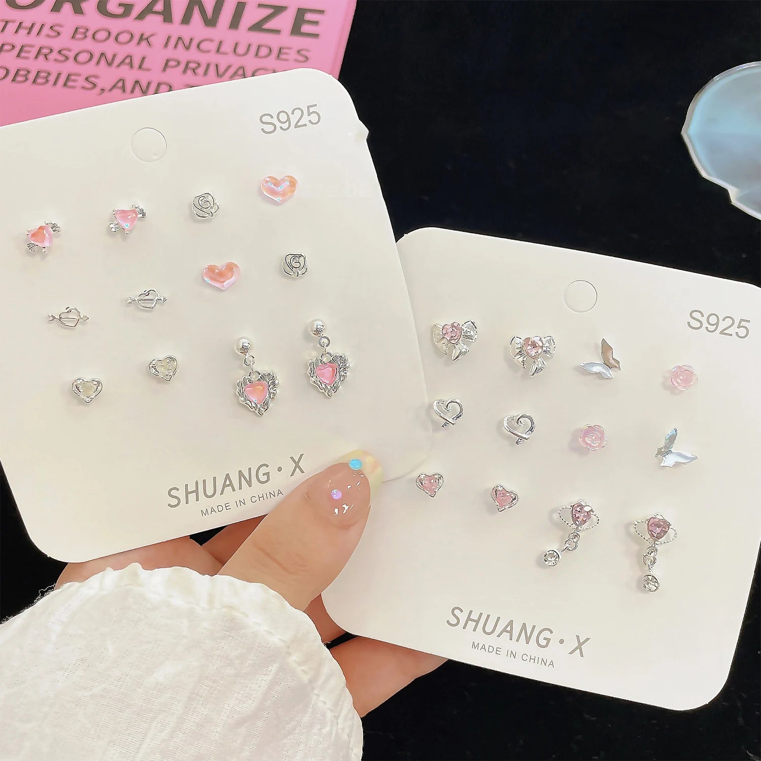 6Pairs/set Fashion Cute Pink Crystal Bowknot Heart Shape Stud Earrings Sets For Women Girls Ears Jewelry Party Y2k Accessories