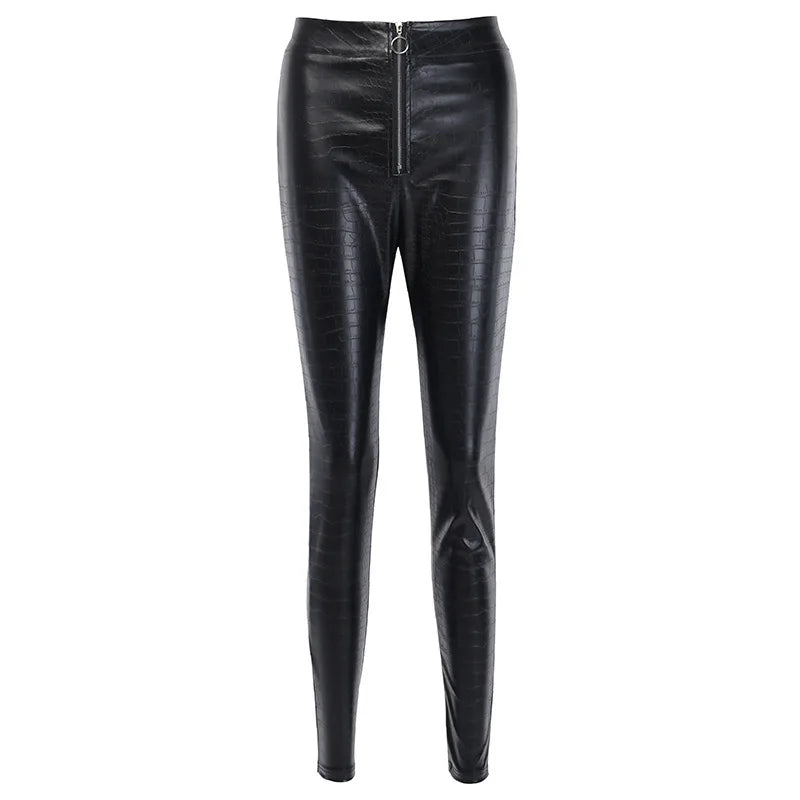 Fashion Women Pants Casual High Waist Crocodile PU Leather Pencil Pants Female Slim Trousers Women Zipper Leggings Women Clothes