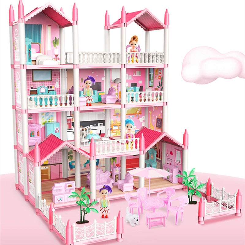 3D DIY Assembly Doll House Fantasy Princess Castle Villa Set Toys Girl Family Toys Children's Music Doll House Assembly Villa