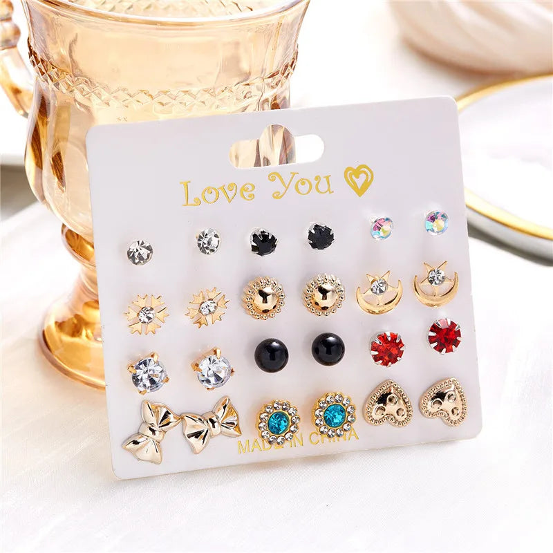 12 Pairs/Set Imitation Pearl Sun Star Flower Bow Heart Zircon Combination Paper Card Stud Earrings Set Fashion Geometric Earring