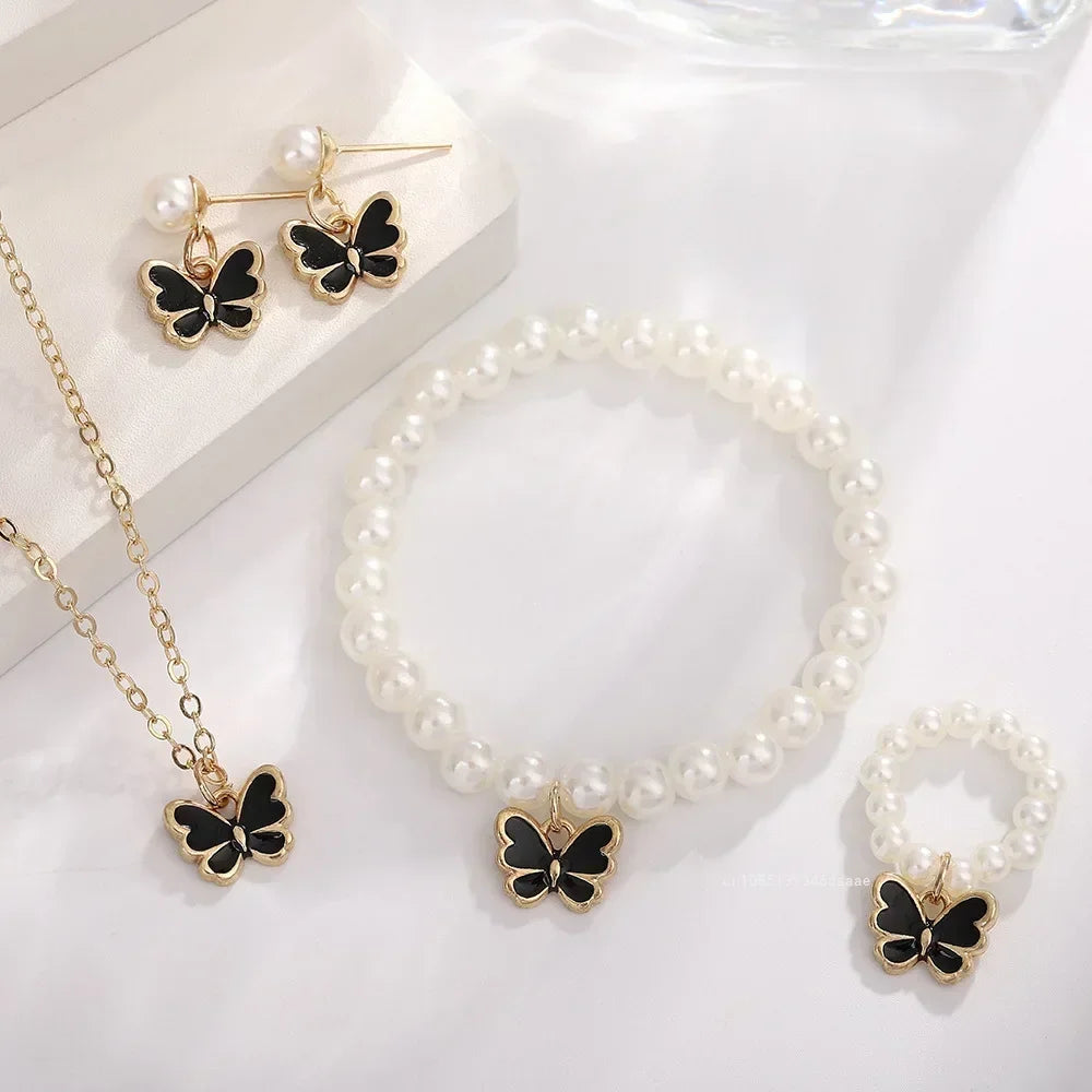 4pcs/Set Fashion Sweet Jewelry Set Butterfly Pendant Imitation Pearl Necklace Bracelet Earring Set for Girl Jewelry Accessories