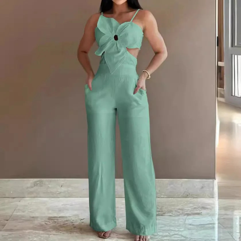 Women Spring Summer Onepiece Trousers Jumpsuits Solid Color Sleeveless Hollow Out Wide Leg Pants Casual Fashion Regular Backless