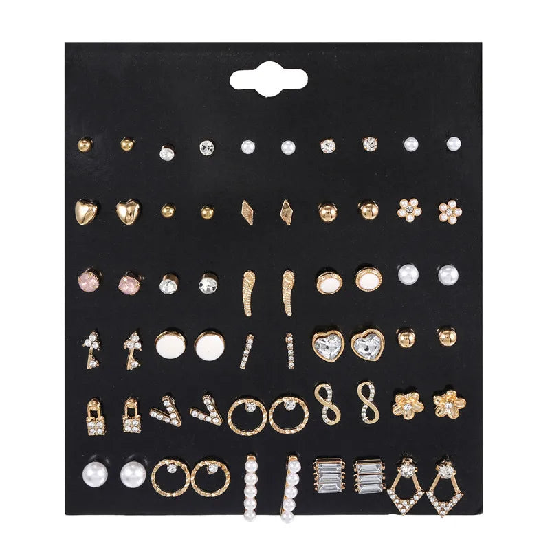 New Design 30Pairs/lot Mixed Crystal Small Stud Earrings Sets For Women Girl Heart Flowers Moon Ear Jewelry Accessories