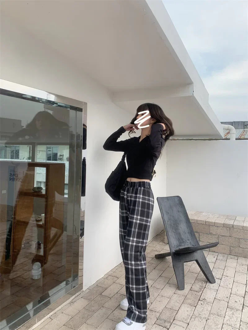 Fashion Warm Plush Pants Cashmere Thick Plaid Ladies Winter Casual Loose Wide-legged Pants Korean Streetwear Students