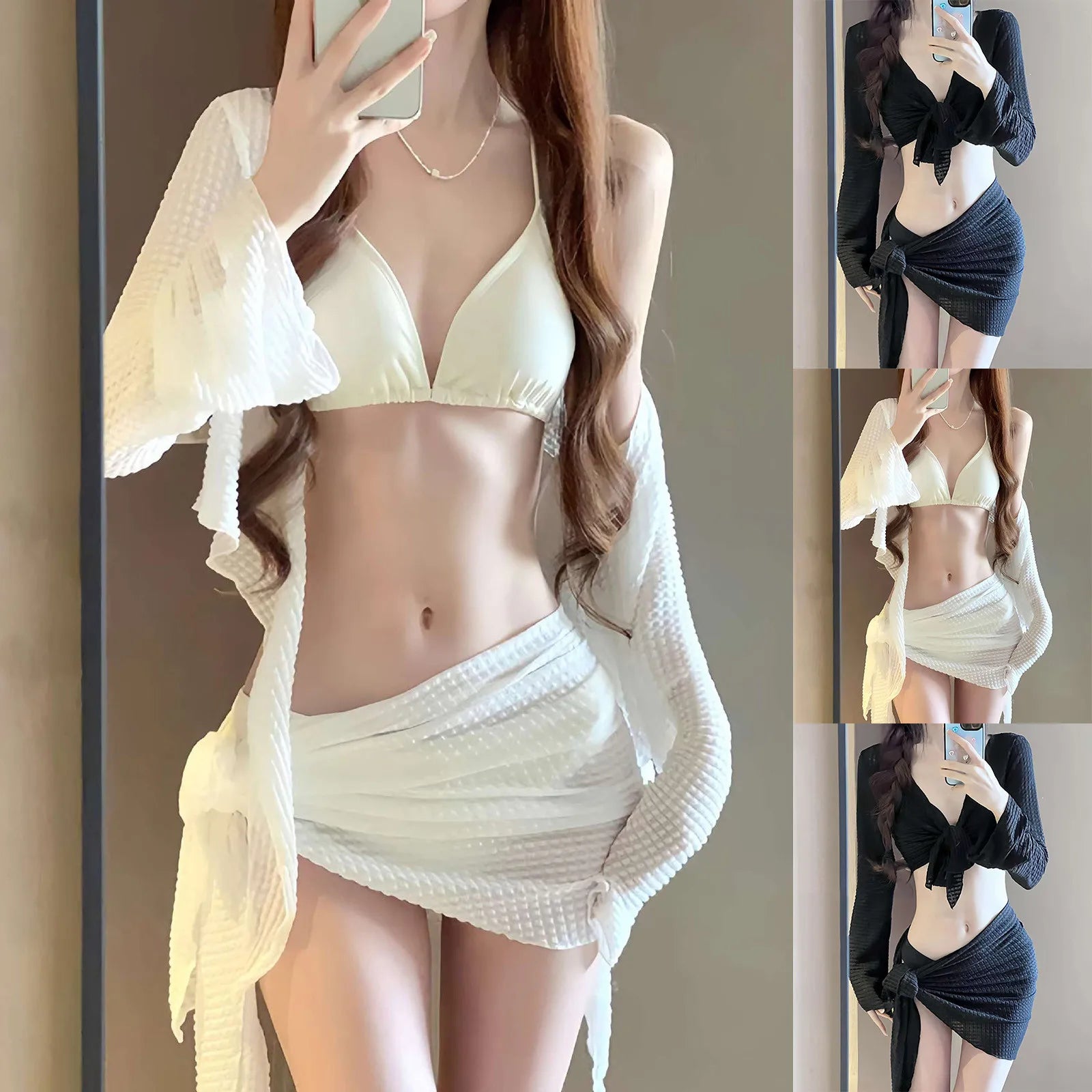 Women's Knitted Bikini Sets Solid Swimsuit Long Sleeve Bikini Tops Beach Cover Up Skirts Wrap Skirt Sarong Crochet Bathing Suit