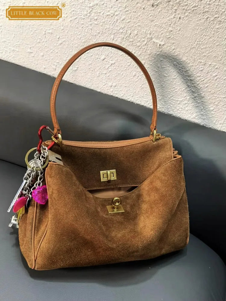 Women Cow Suede Leather Underarm Bag Hasp Large Capacity Office Ladies Work Totes Handbag Vintage New Fashion Shoulder Bags