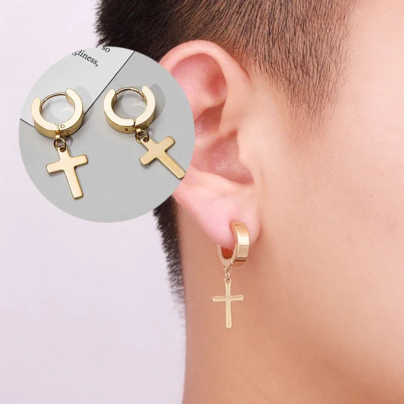 2pc Stainless Steel Men Cross Stars Punk Dangle Earrings Gothic Woman Cross Ear Hoop Earrings Huggies Pendant Piercing Jewelry