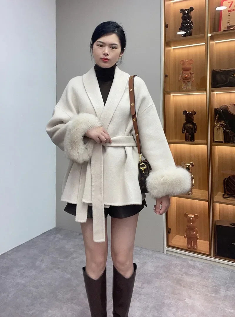 High End Double-sided Wool Strapping Real Wool Fur Coat Women's Removable Cuffs Fox Fur Temperament Cashmere Short Jacket