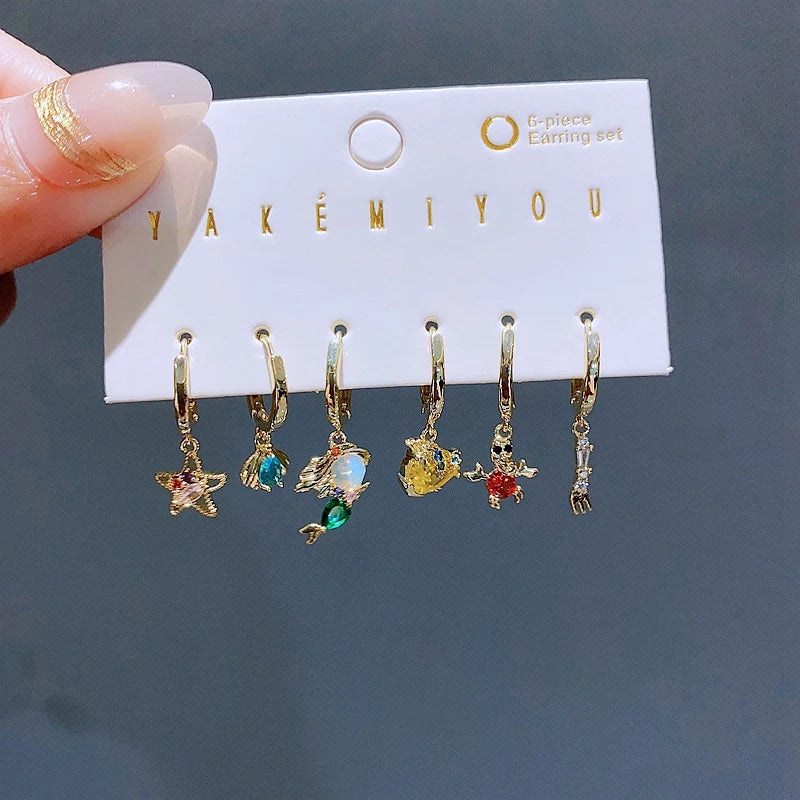 New Design Colorful Crystal Ocean Animal Mermaid Hoop Earrings Set for Women Gold Color Huggie Jewelry