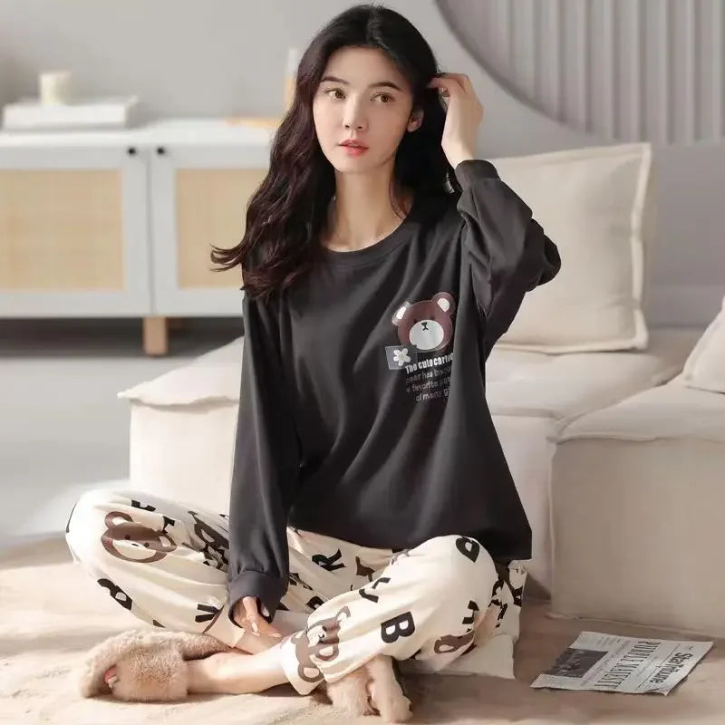 Plus Size Ladies Pajamas Set Fall and Winter Long-Sleeved Student Homewear Women Two-Piece Cartoon O-Neck Sleepwear Loungewear