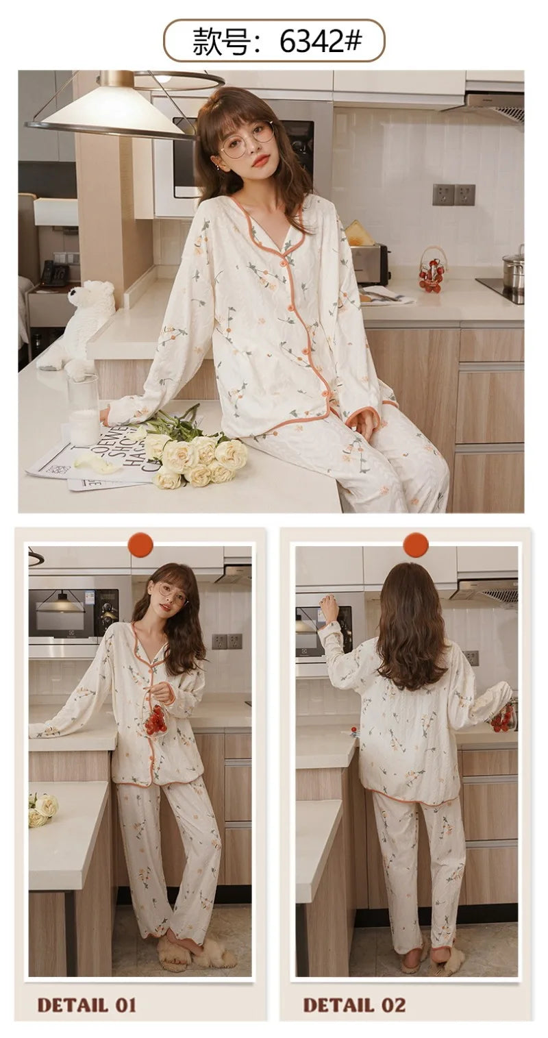 Women's Sweet Ruffle Pajamas Set Long Sleeve Top And Long Pants Sleepwear 2 Piece Set For Women Korean Casual Home Loose Pajamas