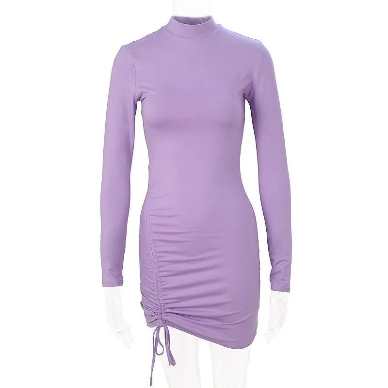 Elegant Lace Up Dress Solid Pleated Slim Fit Party Bodycon Female Sexy Mini Dresses Purple Black Vestidos