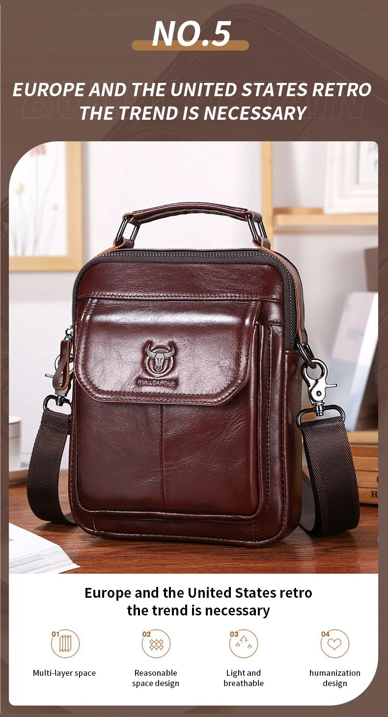 BULLCAPTAIN Men's Genuine Leather Shoulder Bag Multifunctional 7.9-inch Tablet Handbag Retro Casual Crossbody Bag Cowhide