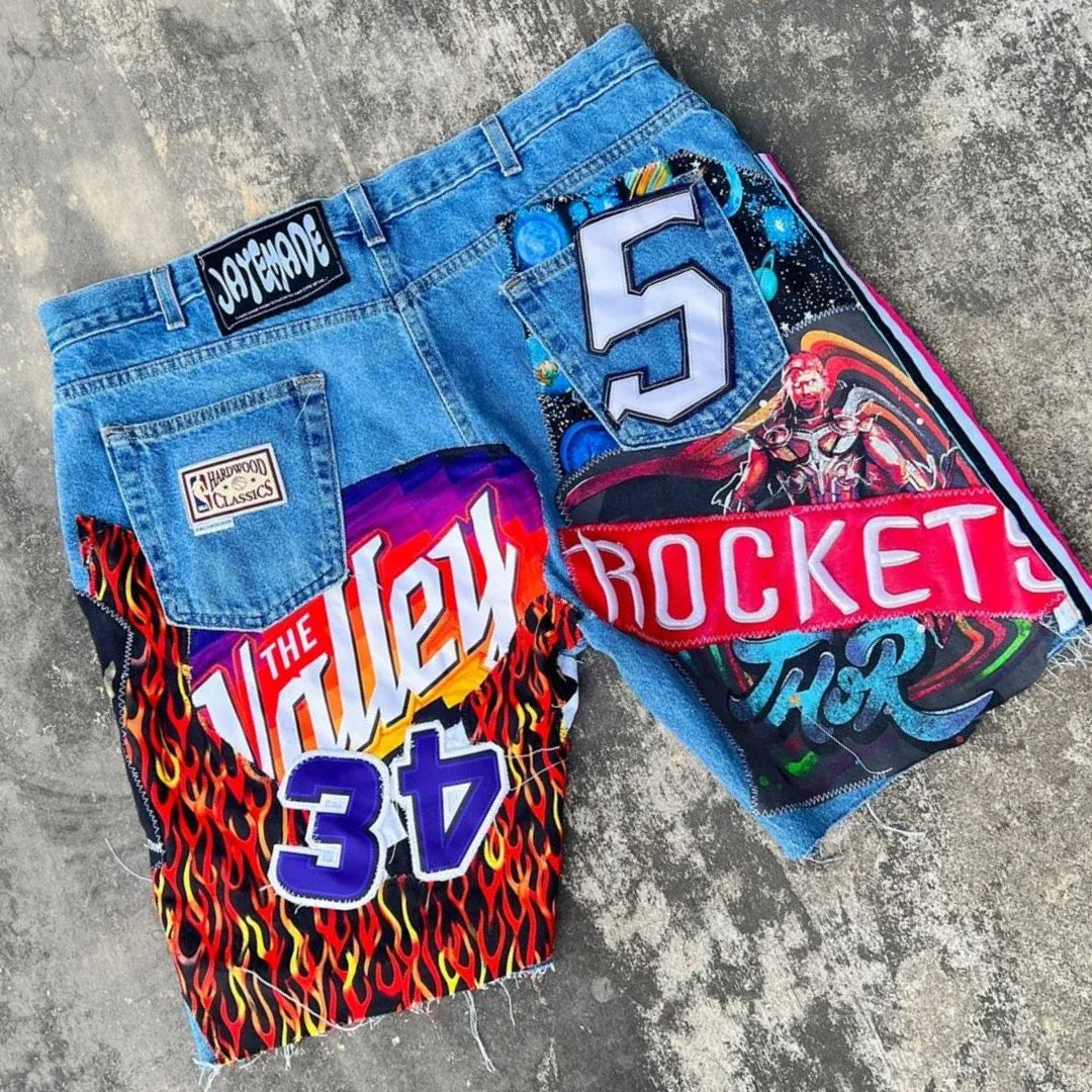 Y2K Retro Light Blue Denim Shorts Men Women Harajuku Hip Hop Rock Letter Graphic Patch Baggy Shorts Casual Gothic Straight Pants