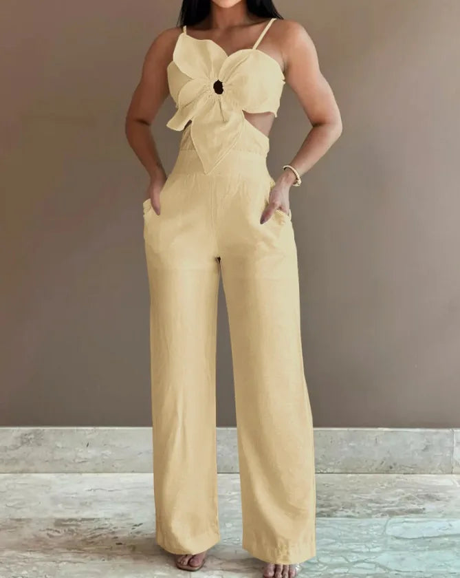 Women Spring Summer Onepiece Trousers Jumpsuits Solid Color Sleeveless Hollow Out Wide Leg Pants Casual Fashion Regular Backless