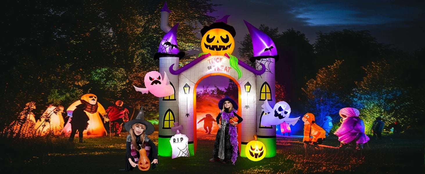 11FT Giant Halloween Inflatables Pumpkin Castle Archway with Ghost and Trick or Treat LED Lights 2024 Outdoor Blow up Haunted Ho