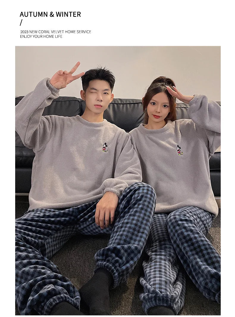 Cartoon Disney couple pajamas winter fleece thickened coral fleece casual two-piece set Hello Kitty loungewear women's pajamas