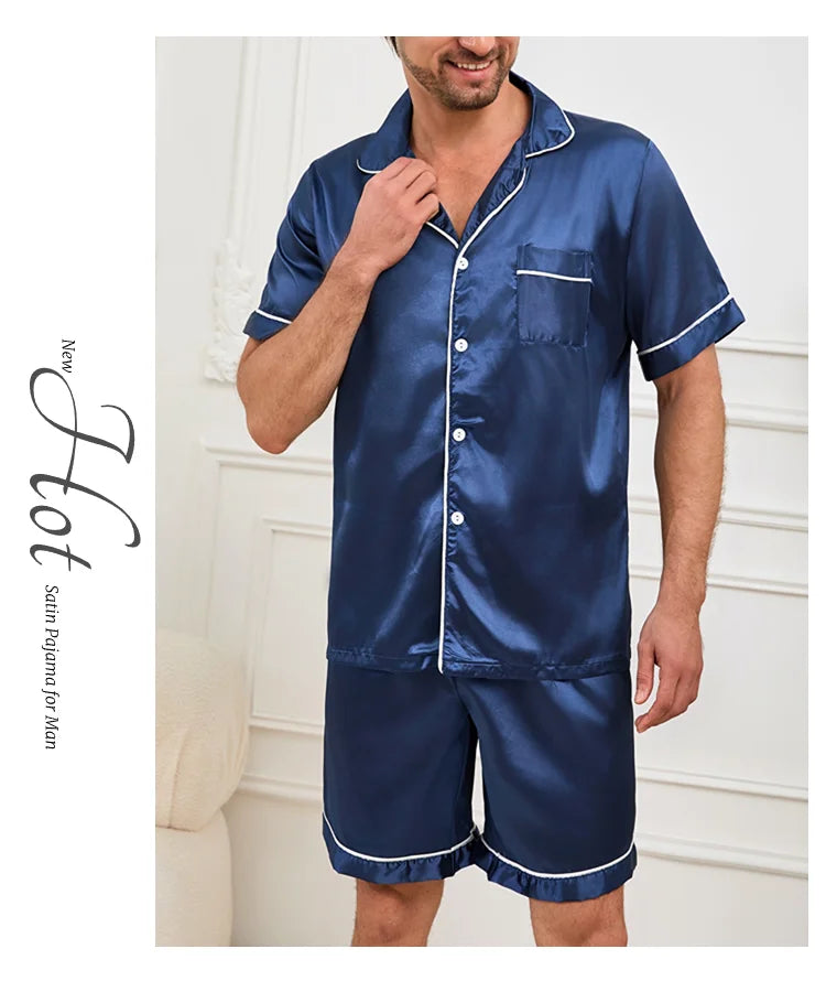 Men Satin Short Sleeve Pajama Set Summer Sleepwear for Man Button-Down Shirt & Elastic Waist Shorts Pajamas Home Clothes 2 Piece