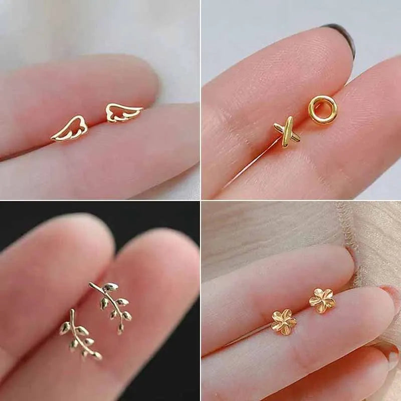 ﻿S925 Silver Needles Gold Color Simple Small Wing Leaf Stud Earrings for Women Hypoallergenic Daily Wear Ear Girls Pierc Gifts