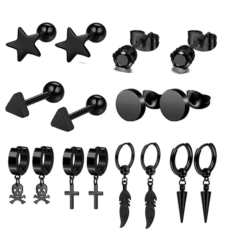 6-20pcs/set  Black Punk Stainless Steel Women Men Hoop Earrings Small Trendy Round Cross Pendants Jewelry  Hip Hop Ear Stud