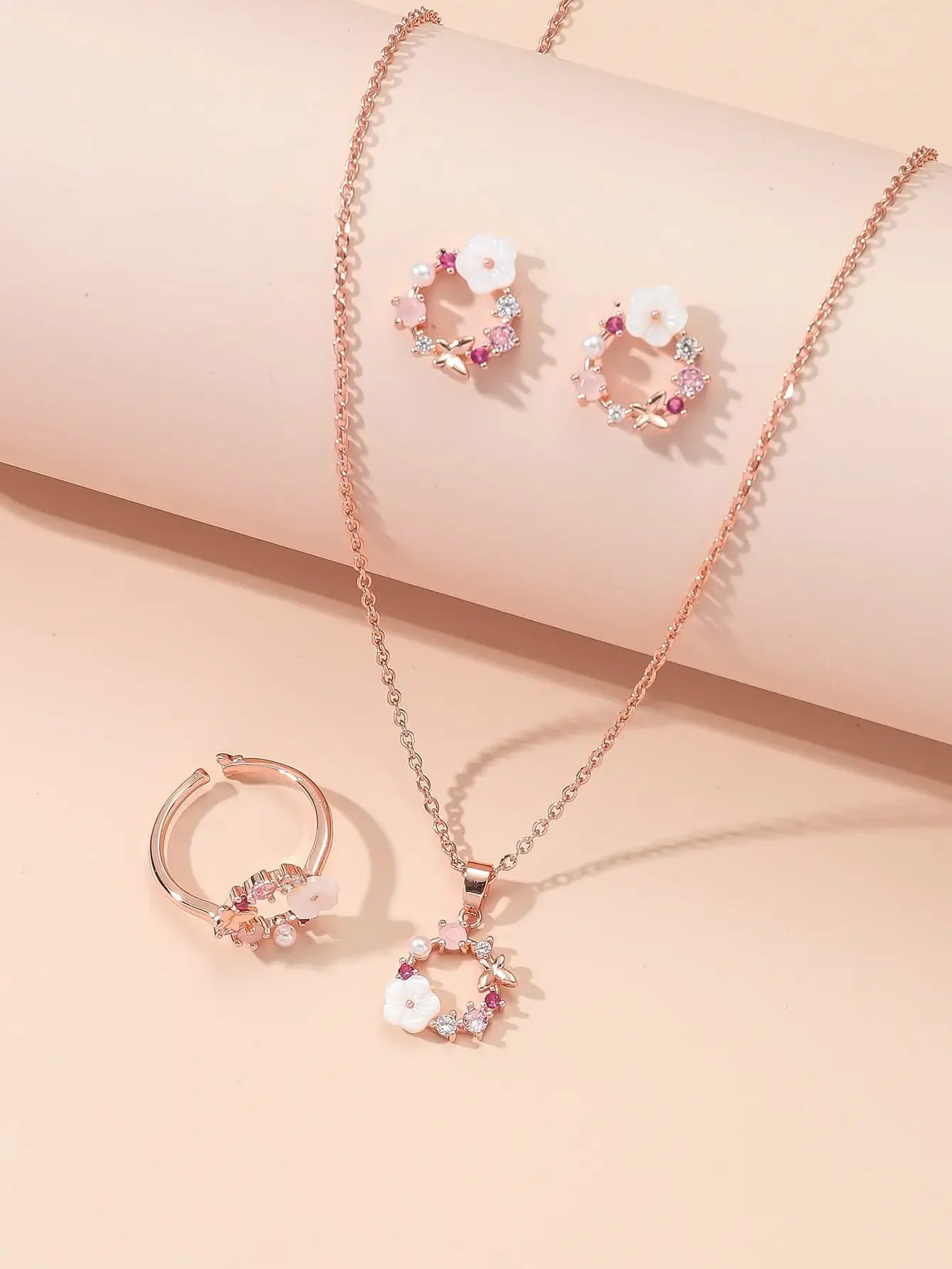 4 Pieces Rose Gold-color Lady Flower Fashion Accessories Zircon Simple Ornate Exquisite Necklace Ring Earrings Jewelry Set