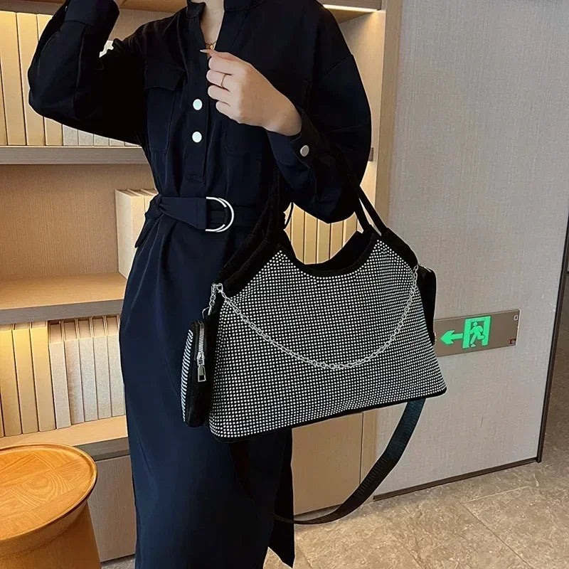 2023 New Shiny Rhinestone Women's Handbag Large Shopping Bag Fashion Dinner Bag Underarm Shoulder Bag Women's Party Commuter Bag