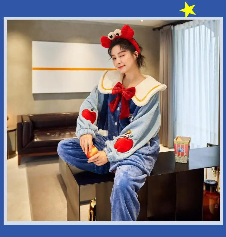 Anime Kuromi Pajamas Pants Suit Sanrioed Women Cute Kawaii Spring Winter Cardigan Plush Coral Fleece Cute Cartoon Warm Homewear