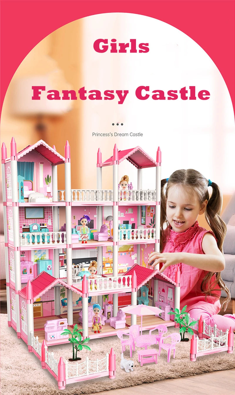 3D DIY Dream Princess Castle Villa Assembly Doll House Set Toy Girl Family Toy Children's Music Doll House Assembly Villa House