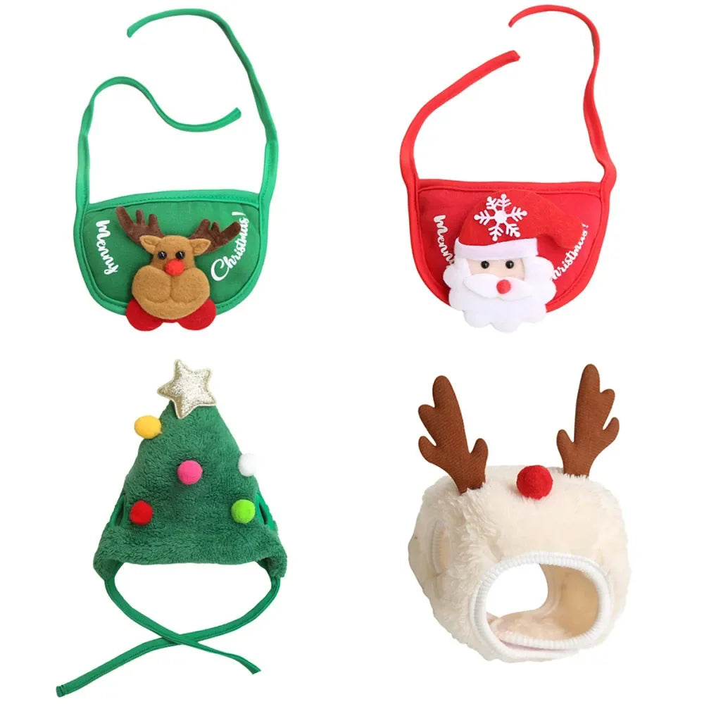 Christmas Puppy Dog Cat Costume Xmas Cat Santa Elk Hat with Bandana Bib Scarf Set Cat Accessories Pet Holiday Dress Up Supplies