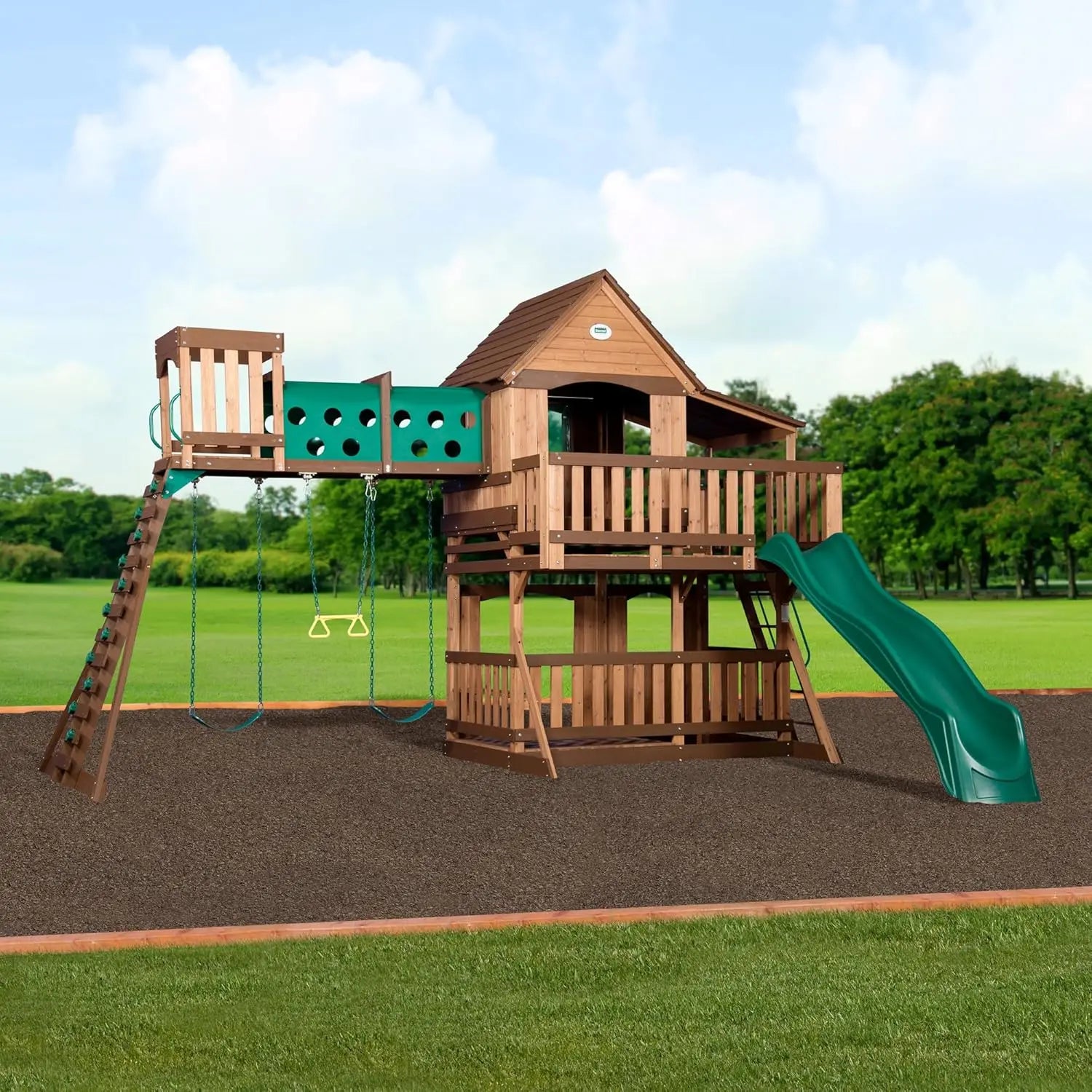 Wood Swing Set, Upper and Lower Deck, Sandbox, Vented Tunnel, Rock Climbing Wall