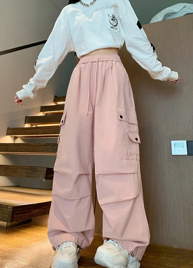 Y2K Cargo Pants Women Harajuku Oversized Sweatpants Black Pockets Wide Leg Joggers Streetwear High Waist Baggy Sports Trousers