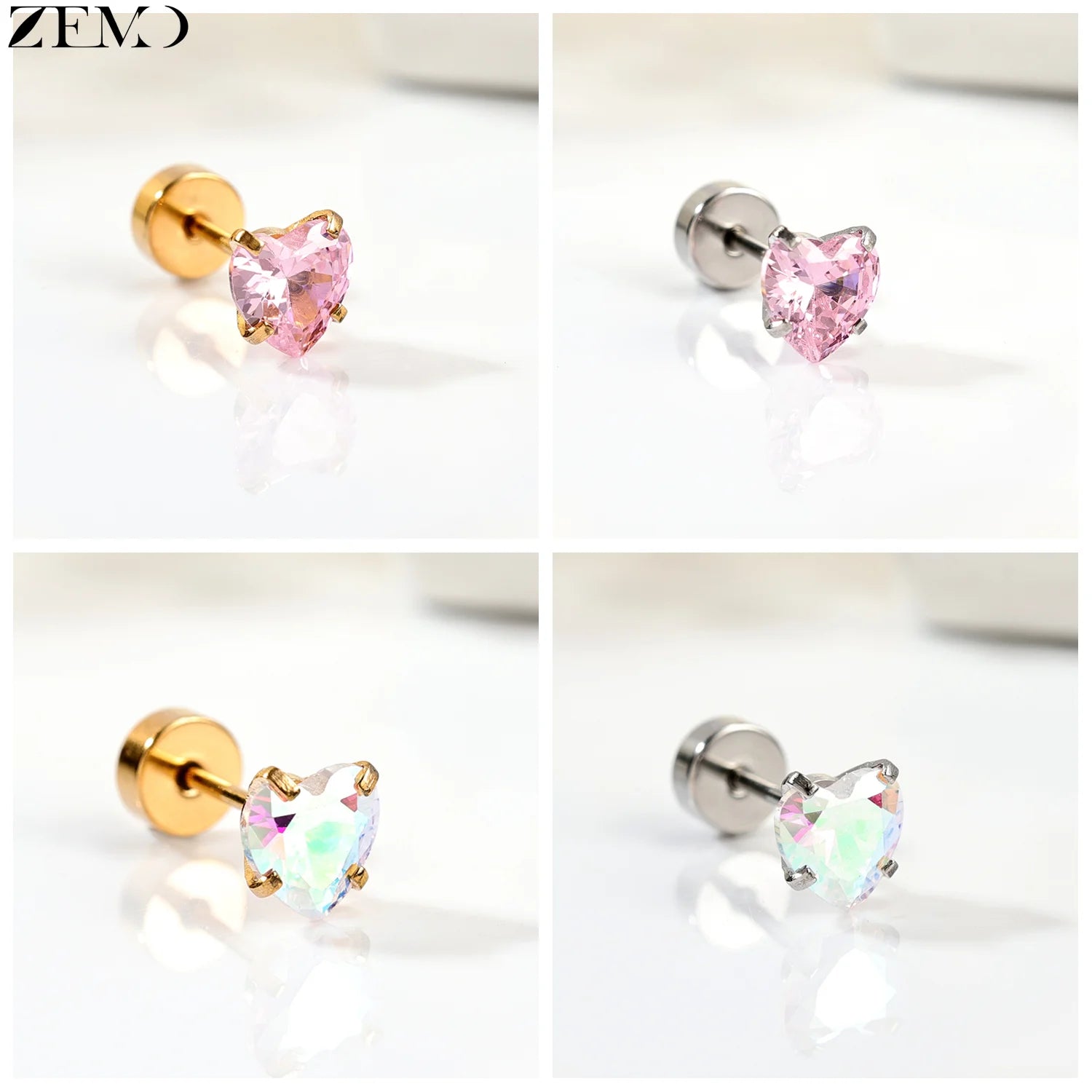 ZEMO 1 Piece 20G Stainless Steel Stud Earrings Women Girls CZ Crystal Ear Studs Flat Back Flower Heart Helix Cartilage Piercings