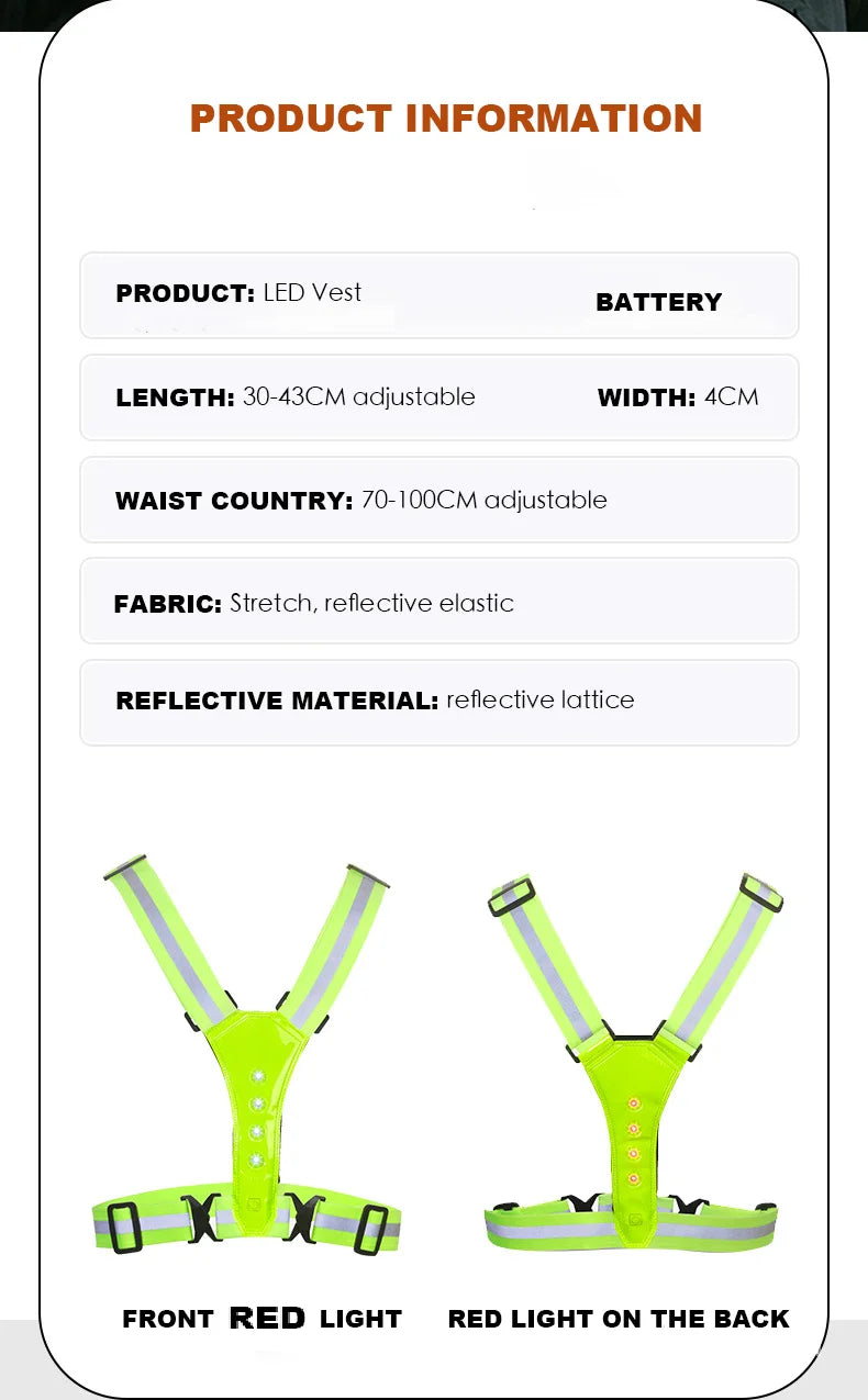 Safety Reflective Vest LED Running Light Adjustable Cycling Vest Night Warning Work Fishing Sports Vest