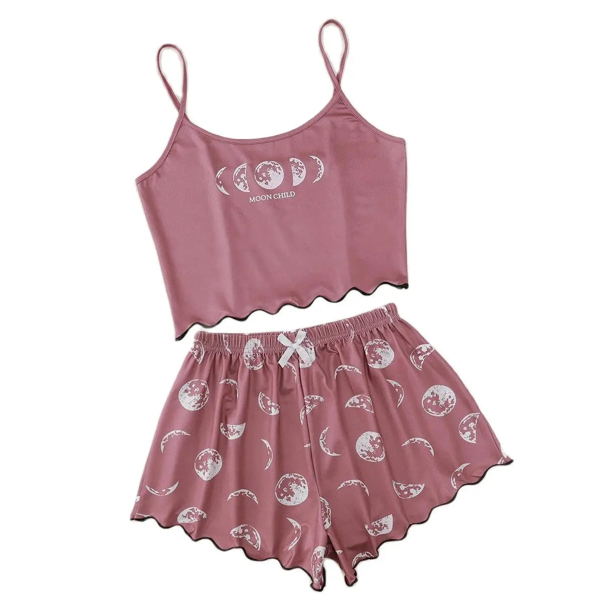 Trendy Women's Eclipse MOON CHILD Monogram Print Solid Color Halter Top And Shorts Cute Style Pure Playful Home Wear Set