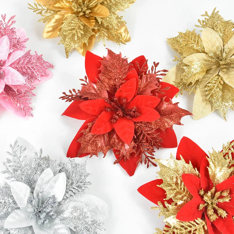 3/10pcs 14cm Christmas Flowers Glitter Red Gold Flower Head Xmas Tree Ornament New Year Decorations for Home Navidad Noel Gifts