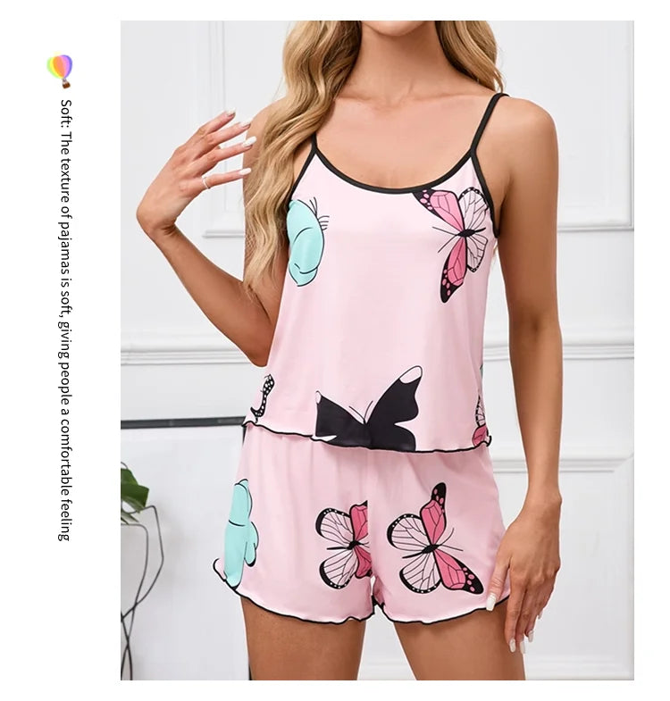 Women's Pajama Set Butterfly Print Sleepwear Summer Sleeveless Cami Tops & Shorts Pyjama Pjs Suit Soft  Home Clothes Loungewear