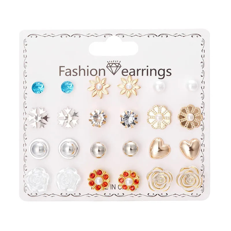 12 Pairs/Set Imitation Pearl Sun Star Flower Bow Heart Zircon Combination Paper Card Stud Earrings Set Fashion Geometric Earring