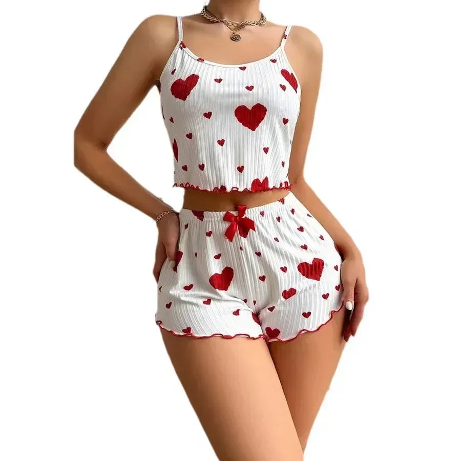 Summer Sleepwear Women Heart Print Relaxed Fit Pajama Set Round Neck Backless Crop Cami Top and Shorts Set Loungewear